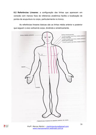 50
Profº. Marcos Martini – martinipuntura@gmail.com
www.marcosmartini.webnode.com.br
6.2 Referências Lineares: a configuração das linhas que aparecem em
conexão com marcos fixos de referencia anatômica facilita a localização de
pontos de acupuntura no corpo, particularmente no tronco.
As referências lineares básicas são as linhas média anterior e posterior
que seguem o eixo vertical do corpo, dividindo-o simetricamente.
 