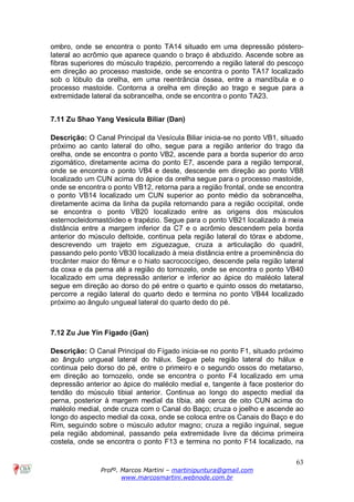 63
Profº. Marcos Martini – martinipuntura@gmail.com
www.marcosmartini.webnode.com.br
ombro, onde se encontra o ponto TA14 situado em uma depressão póstero-
lateral ao acrômio que aparece quando o braço é abduzido. Ascende sobre as
fibras superiores do músculo trapézio, percorrendo a região lateral do pescoço
em direção ao processo mastoide, onde se encontra o ponto TA17 localizado
sob o lóbulo da orelha, em uma reentrância óssea, entre a mandíbula e o
processo mastoide. Contorna a orelha em direção ao trago e segue para a
extremidade lateral da sobrancelha, onde se encontra o ponto TA23.
7.11 Zu Shao Yang Vesícula Biliar (Dan)
Descrição: O Canal Principal da Vesícula Biliar inicia-se no ponto VB1, situado
próximo ao canto lateral do olho, segue para a região anterior do trago da
orelha, onde se encontra o ponto VB2, ascende para a borda superior do arco
zigomático, diretamente acima do ponto E7, ascende para a região temporal,
onde se encontra o ponto VB4 e deste, descende em direção ao ponto VB8
localizado um CUN acima do ápice da orelha segue para o processo mastoide,
onde se encontra o ponto VB12, retorna para a região frontal, onde se encontra
o ponto VB14 localizado um CUN superior ao ponto médio da sobrancelha,
diretamente acima da linha da pupila retornando para a região occipital, onde
se encontra o ponto VB20 localizado entre as origens dos músculos
esternocleidomastóideo e trapézio. Segue para o ponto VB21 localizado à meia
distância entre a margem inferior da C7 e o acrômio descendem pela borda
anterior do músculo deltoide, continua pela região lateral do tórax e abdome,
descrevendo um trajeto em ziguezague, cruza a articulação do quadril,
passando pelo ponto VB30 localizado à meia distância entre a proeminência do
trocânter maior do fêmur e o hiato sacrococcígeo, descende pela região lateral
da coxa e da perna até a região do tornozelo, onde se encontra o ponto VB40
localizado em uma depressão anterior e inferior ao ápice do maléolo lateral
segue em direção ao dorso do pé entre o quarto e quinto ossos do metatarso,
percorre a região lateral do quarto dedo e termina no ponto VB44 localizado
próximo ao ângulo ungueal lateral do quarto dedo do pé.
7.12 Zu Jue Yin Fígado (Gan)
Descrição: O Canal Principal do Fígado inicia-se no ponto F1, situado próximo
ao ângulo ungueal lateral do hálux. Segue pela região lateral do hálux e
continua pelo dorso do pé, entre o primeiro e o segundo ossos do metatarso,
em direção ao tornozelo, onde se encontra o ponto F4 localizado em uma
depressão anterior ao ápice do maléolo medial e, tangente à face posterior do
tendão do músculo tibial anterior. Continua ao longo do aspecto medial da
perna, posterior à margem medial da tíbia, até cerca de oito CUN acima do
maléolo medial, onde cruza com o Canal do Baço; cruza o joelho e ascende ao
longo do aspecto medial da coxa, onde se coloca entre os Canais do Baço e do
Rim, seguindo sobre o músculo adutor magno; cruza a região inguinal, segue
pela região abdominal, passando pela extremidade livre da décima primeira
costela, onde se encontra o ponto F13 e termina no ponto F14 localizado, na
 