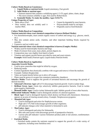 Culture Media Based on Consistency:
1. Liquid Media or nutrient broth: Liquid consistency, Fast growth
2. Solid Media or nutrient agar:
• Nutrient material that contains a solidifying agent (1.5-2% agar): plates, slants, deeps
• The most common solidifier is agar, first used by Robert Koch.
3. Semisolid Media: To study the motility; Agar: 0.5-0.7%
Unique Properties of Agar:
• Melts above 95oC.
• Once melted, does not solidify until it
reaches 40oC.
• Cannot be degraded by most bacteria.
• Polysaccharide made by red algae.
• Originally used as food thickener
Culture Media Based on Composition:
Nutrient material whose exact chemical composition is known (Defined Media):
• For chemoheterotrophs, must contain organic source of carbon and energy (e.g.: glucose, starch,
etc.).
• May also contain amino acids, vitamins, and other important building blocks required by
microbe.
• Expensive and not widely used.
Nutrient material whose exact chemical composition is known (Complex Media):
• Widely used for heterotrophic bacteria and fungi.
• Made of extracts from yeast, meat, plants, protein digests etc.
• Composition may vary slightly from batch to batch.
• Vitamins and organic growth factors provided by meat and yeast extracts.
Example: Solid media (Nutrient agar), Liquid media (Nutrient broth)
Culture Media Based on Application:
Anaerobic Growth Media:
• Used to grow anaerobes that might be killed by oxygen.
• Reducing media
• Contain ingredients that chemically combine with oxygen and remove it from the medium.
• Example: Sodium thioglycolate
• Tubes are heated shortly before use to drive off oxygen.
• Plates must be grown in oxygen free containers (anaerobic chambers).
Selective Media: Used to suppress the growth of unwanted bacteria and encourage the growth of
desired microbes.
• Saboraud’s Dextrose Agar: pH of 5.6 discourages bacterial growth. Used to isolate fungi.
• Brilliant Green Agar: Green dye selectively inhibits gram-positive bacteria. Used to isolate
gram-negative Salmonella.
• Bismuth Sulfite Agar: Used to isolate Salmonella typhi. Inhibits growth of most other bacteria.
Differential/ Indicator Media: Used to distinguish colonies of a desired organism.
• Blood Agar: Used to distinguish bacteria which destroy red blood cells (hemolysis). Hemolysis
appears as an area of clearing around colony. Example: Streptococcus pyogenes.
• Mannitol Salt Agar:
• Used to distinguish and select for Staphylococcus aureus.
• High salt (7.5% NaCl) discourages growth of other organisms.
• pH indicator changes color when mannitol is fermented to acid.
• MacConkey Agar:
• Used to distinguish and select for Salmonella
• Bile salts and crystal violet discourage growth of grampositive bacteria.
• Lactose plus pH indicator: Lactose fermenters produce pink or red colonies, nonfermenters
are colorless.
• Enriched Media
• Enriched media contain the nutrients required to support the growth of a wide variety of
organisms, including some fastidious ones.
 