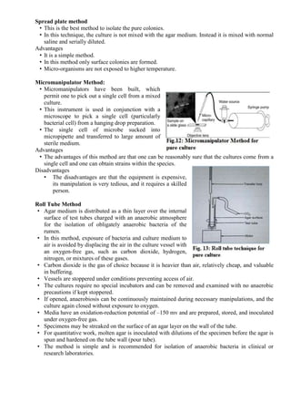 Spread plate method
• This is the best method to isolate the pure colonies.
• In this technique, the culture is not mixed with the agar medium. Instead it is mixed with normal
saline and serially diluted.
Advantages
• It is a simple method.
• In this method only surface colonies are formed.
• Micro-organisms are not exposed to higher temperature.
Micromanipulator Method:
• Micromanipulators have been built, which
permit one to pick out a single cell from a mixed
culture.
• This instrument is used in conjunction with a
microscope to pick a single cell (particularly
bacterial cell) from a hanging drop preparation.
• The single cell of microbe sucked into
micropipette and transferred to large amount of
sterile medium.
Advantages
• The advantages of this method are that one can be reasonably sure that the cultures come from a
single cell and one can obtain strains within the species.
Disadvantages
• The disadvantages are that the equipment is expensive,
its manipulation is very tedious, and it requires a skilled
person.
Roll Tube Method
• Agar medium is distributed as a thin layer over the internal
surface of test tubes charged with an anaerobic atmosphere
for the isolation of obligately anaerobic bacteria of the
rumen.
• In this method, exposure of bacteria and culture medium to
air is avoided by displacing the air in the culture vessel with
an oxygen-free gas, such as carbon dioxide, hydrogen,
nitrogen, or mixtures of these gases.
• Carbon dioxide is the gas of choice because it is heavier than air, relatively cheap, and valuable
in buffering.
• Vessels are stoppered under conditions preventing access of air.
• The cultures require no special incubators and can be removed and examined with no anaerobic
precautions if kept stoppered.
• If opened, anaerobiosis can be continuously maintained during necessary manipulations, and the
culture again closed without exposure to oxygen.
• Media have an oxidation-reduction potential of –150 mv and are prepared, stored, and inoculated
under oxygen-free gas.
• Specimens may be streaked on the surface of an agar layer on the wall of the tube.
• For quantitative work, molten agar is inoculated with dilutions of the specimen before the agar is
spun and hardened on the tube wall (pour tube).
• The method is simple and is recommended for isolation of anaerobic bacteria in clinical or
research laboratories.
 