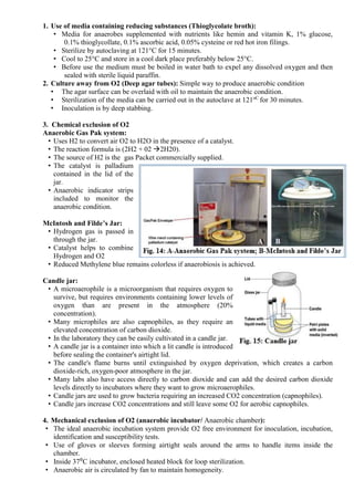 1. Use of media containing reducing substances (Thioglycolate broth):
• Media for anaerobes supplemented with nutrients like hemin and vitamin K, 1% glucose,
0.1% thioglycollate, 0.1% ascorbic acid, 0.05% cysteine or red hot iron filings.
• Sterilize by autoclaving at 121°C for 15 minutes.
• Cool to 25°C and store in a cool dark place preferably below 25°C.
• Before use the medium must be boiled in water bath to expel any dissolved oxygen and then
sealed with sterile liquid paraffin.
2. Culture away from O2 (Deep agar tubes): Simple way to produce anaerobic condition
• The agar surface can be overlaid with oil to maintain the anaerobic condition.
• Sterilization of the media can be carried out in the autoclave at 121oC
for 30 minutes.
• Inoculation is by deep stabbing.
3. Chemical exclusion of O2
Anaerobic Gas Pak system:
• Uses H2 to convert air O2 to H2O in the presence of a catalyst.
• The reaction formula is (2H2 + 02 2H20).
• The source of H2 is the gas Packet commercially supplied.
• The catalyst is palladium
contained in the lid of the
jar.
• Anaerobic indicator strips
included to monitor the
anaerobic condition.
McIntosh and Filde’s Jar:
• Hydrogen gas is passed in
through the jar.
• Catalyst helps to combine
Hydrogen and O2
• Reduced Methylene blue remains colorless if anaerobiosis is achieved.
Candle jar:
• A microaerophile is a microorganism that requires oxygen to
survive, but requires environments containing lower levels of
oxygen than are present in the atmosphere (20%
concentration).
• Many microphiles are also capnophiles, as they require an
elevated concentration of carbon dioxide.
• In the laboratory they can be easily cultivated in a candle jar.
• A candle jar is a container into which a lit candle is introduced
before sealing the container's airtight lid.
• The candle's flame burns until extinguished by oxygen deprivation, which creates a carbon
dioxide-rich, oxygen-poor atmosphere in the jar.
• Many labs also have access directly to carbon dioxide and can add the desired carbon dioxide
levels directly to incubators where they want to grow microaerophiles.
• Candle jars are used to grow bacteria requiring an increased CO2 concentration (capnophiles).
• Candle jars increase CO2 concentrations and still leave some O2 for aerobic capnophiles.
4. Mechanical exclusion of O2 (anaerobic incubator/ Anaerobic chamber):
• The ideal anaerobic incubation system provide O2 free environment for inoculation, incubation,
identification and susceptibility tests.
• Use of gloves or sleeves forming airtight seals around the arms to handle items inside the
chamber.
• Inside 37⁰C incubator, enclosed heated block for loop sterilization.
• Anaerobic air is circulated by fan to maintain homogeneity.
 