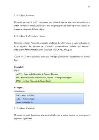 12
2.1.1.12 Lista de tabelas
Elemento opcional. A ABNT recomenda que a lista de tabelas seja elaborada conforme a
ordem apresentada no texto, tendo cada item designado pelo seu nome específico, seguido do
respectivo número da folha ou página.
2.1.1.13 Lista de abreviaturas e siglas
Elemento opcional. “Consiste na relação alfabética das abreviaturas e siglas utilizadas no
texto, seguidas das palavras ou expressões correspondentes grafadas por extenso.”
(ASSOCIAÇÃO BRASILEIRA DE NORMAS TÉCNICAS, 2001, p. 8).
A NBR 14724:2011 recomenda ainda que cada tipo (abreviatura e sigla) tenha sua própria
lista.
Exemplo 1:
Siglas:
Exemplo 2:
Abreviaturas:
2.1.1.14 Lista de símbolos
Elemento opcional. Organizada em conformidade com a ordem exposta no texto, com o
respectivo significado.
ABNT – Associação Brasileira de Normas Técnicas
IFS – Instituto Federal de Educação Ciência e Tecnologia de Sergipe
INSS – Instituto Nacional do Seguro Social
A.C – Antes de Cristo
Adm. – Administração
Assoc. - Associação
 