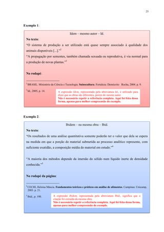 25
Exemplo 1:
Exemplo 2:
Idem – mesmo autor – Id.
No texto:
“O sistema de produção a ser utilizado está quase sempre associado à qualidade dos
animais disponíveis [...].”2
“A propagação por sementes, também chamada sexuada ou reprodutiva, é via normal para
a produção de novas plantas.”3
No rodapé:
____________________
2
BRASIL. Ministério da Ciência e Tecnologia. Suinocultura. Fortaleza: Demócrito Rocha, 2004. p. 9.
3
Id., 2005, p. 14. A expressão Idem, representado pela abreviatura Id., é utilizado para
dizer que as obras são diferentes, porém do mesmo autor.
Não é necessário repetir a referência completa. Aqui foi feita dessa
forma, apenas para melhor compreensão do exemplo.
Ibidem – na mesma obra – Ibid.
No texto:
“Os resultados de uma análise quantitativa somente poderão ter o valor que dela se espera
na medida em que a porção do material submetida ao processo analítico represente, com
suficiente exatidão, a composição média do material em estudo.”4
“A maioria dos métodos depende da imersão do sólido num líquido inerte de densidade
conhecida.”5
No rodapé da página:
____________________
4
CECHI, Heloísa Máscia. Fundamentos teóricos e práticos em análise de alimentos. Campinas: Unicamp,
2003. p. 21.
5
Ibid., p. 190. A expressão Ibidem, representada pela abreviatura Ibid., significa que a
citação foi extraída da mesma obra.
Não é necessário repetir a referência completa. Aqui foi feita dessa forma,
apenas para melhor compreensão do exemplo.
 