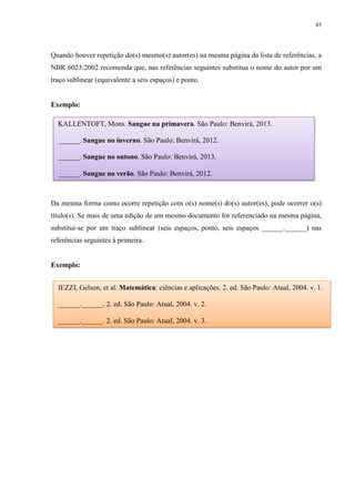 45
Quando houver repetição do(s) mesmo(s) autor(es) na mesma página da lista de referências, a
NBR 6023:2002 recomenda que, nas referências seguintes substitua o nome do autor por um
traço sublinear (equivalente a seis espaços) e ponto.
Exemplo:
Da mesma forma como ocorre repetição com o(s) nome(s) do(s) autor(es), pode ocorrer o(s)
título(s). Se mais de uma edição de um mesmo documento for referenciado na mesma página,
substitui-se por um traço sublinear (seis espaços, ponto, seis espaços ______.______) nas
referências seguintes à primeira.
Exemplo:
KALLENTOFT, Mons. Sangue na primavera. São Paulo: Benvirá, 2013.
______. Sangue no inverno. São Paulo: Benvirá, 2012.
______. Sangue no outono. São Paulo: Benvirá, 2013.
______. Sangue no verão. São Paulo: Benvirá, 2012.
IEZZI, Gelson, et al. Matemática: ciências e aplicações. 2. ed. São Paulo: Atual, 2004. v. 1.
______.______. 2. ed. São Paulo: Atual, 2004. v. 2.
______.______. 2. ed. São Paulo: Atual, 2004. v. 3.
 
