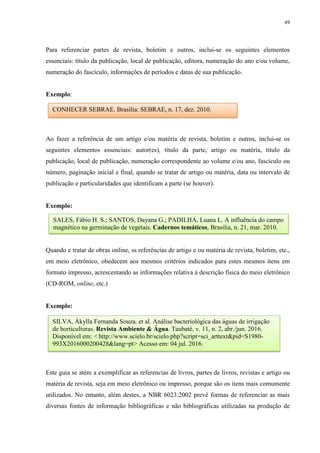 49
Para referenciar partes de revista, boletim e outros, inclui-se os seguintes elementos
essenciais: título da publicação, local de publicação, editora, numeração do ano e/ou volume,
numeração do fascículo, informações de períodos e datas de sua publicação.
Exemplo:
Ao fazer a referência de um artigo e/ou matéria de revista, boletim e outros, inclui-se os
seguintes elementos essenciais: autor(es), título da parte, artigo ou matéria, título da
publicação, local de publicação, numeração correspondente ao volume e/ou ano, fascículo ou
número, paginação inicial e final, quando se tratar de artigo ou matéria, data ou intervalo de
publicação e particularidades que identificam a parte (se houver).
Exemplo:
Quando e tratar de obras online, ss referências de artigo e ou matéria de revista, boletim, etc.,
em meio eletrônico, obedecem aos mesmos critérios indicados para estes mesmos itens em
formato impresso, acrescentando as informações relativa à descrição física do meio eletrônico
(CD-ROM, online, etc.)
Exemplo:
Este guia se atém a exemplificar as referencias de livros, partes de livros, revistas e artigo ou
matéria de revista, seja em meio eletrônico ou impresso, porque são os itens mais comumente
utilizados. No entanto, além destes, a NBR 6023:2002 prevê formas de referenciar as mais
diversas fontes de informação bibliográficas e não bibliográficas utilizadas na produção de
CONHECER SEBRAE. Brasília: SEBRAE, n. 17, dez. 2010.
SALES, Fábio H. S.; SANTOS, Dayana G.; PADILHA, Luana L. A influência do campo
magnético na germinação de vegetais. Cadernos temáticos, Brasília, n. 21, mar. 2010.
SILVA, Ákylla Fernanda Souza. et al. Análise bacteriológica das águas de irrigação
de horticulturas. Revista Ambiente & Água. Taubaté, v. 11, n. 2, abr./jun. 2016.
Disponível em: < http://www.scielo.br/scielo.php?script=sci_arttext&pid=S1980-
993X2016000200428&lang=pt> Acesso em: 04 jul. 2016.
 