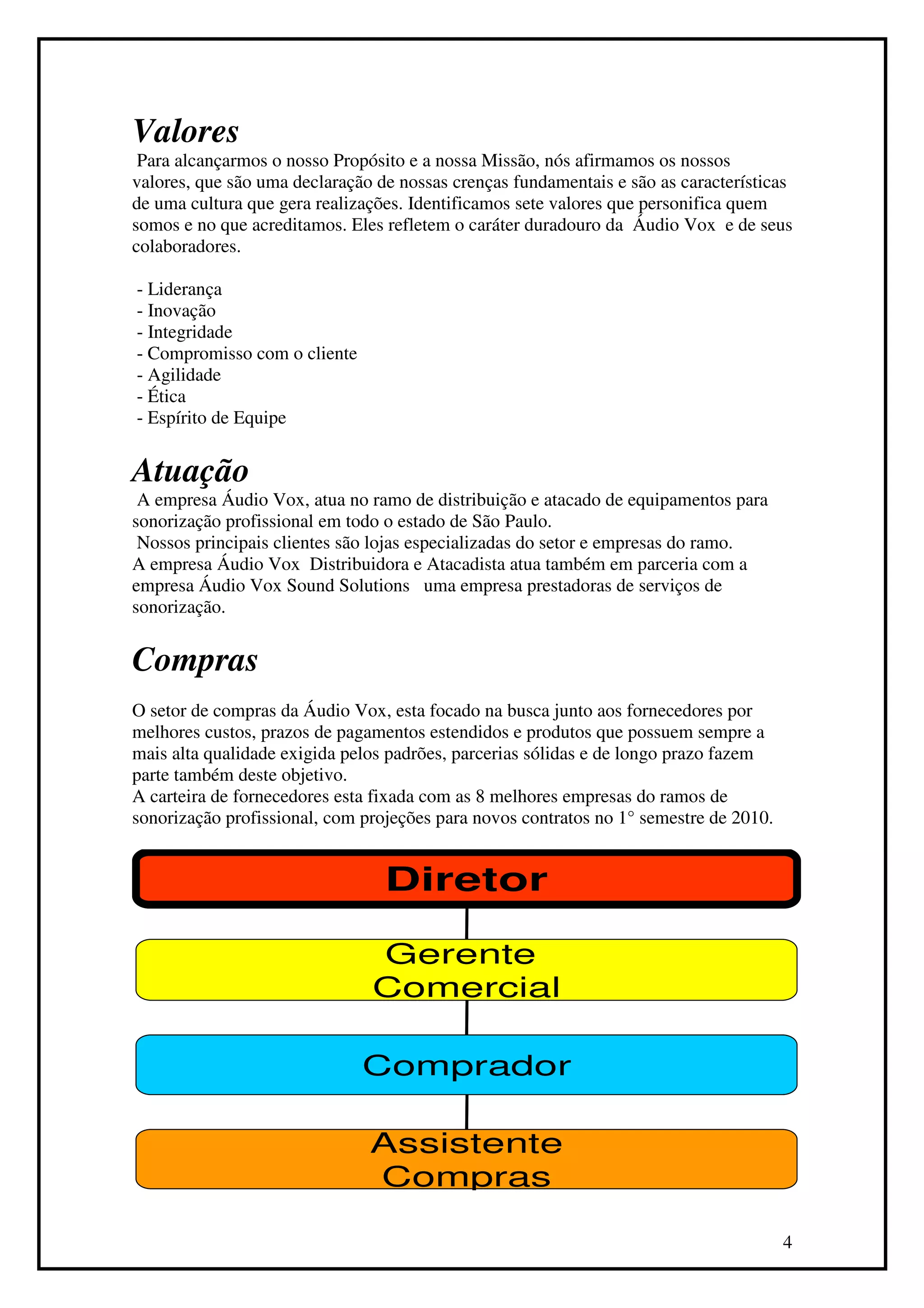 Valores
 Para alcançarmos o nosso Propósito e a nossa Missão, nós afirmamos os nossos
valores, que são uma declaração de nossas crenças fundamentais e são as características
de uma cultura que gera realizações. Identificamos sete valores que personifica quem
somos e no que acreditamos. Eles refletem o caráter duradouro da Áudio Vox e de seus
colaboradores.

- Liderança
- Inovação
- Integridade
- Compromisso com o cliente
- Agilidade
- Ética
- Espírito de Equipe


Atuação
 A empresa Áudio Vox, atua no ramo de distribuição e atacado de equipamentos para
sonorização profissional em todo o estado de São Paulo.
 Nossos principais clientes são lojas especializadas do setor e empresas do ramo.
A empresa Áudio Vox Distribuidora e Atacadista atua também em parceria com a
empresa Áudio Vox Sound Solutions uma empresa prestadoras de serviços de
sonorização.


Compras
O setor de compras da Áudio Vox, esta focado na busca junto aos fornecedores por
melhores custos, prazos de pagamentos estendidos e produtos que possuem sempre a
mais alta qualidade exigida pelos padrões, parcerias sólidas e de longo prazo fazem
parte também deste objetivo.
A carteira de fornecedores esta fixada com as 8 melhores empresas do ramos de
sonorização profissional, com projeções para novos contratos no 1° semestre de 2010.


                                 Diretor

                               Gerente
                               Comercial

                              Comprador

                               Assistente
                               Compras

                                                                                       4
 