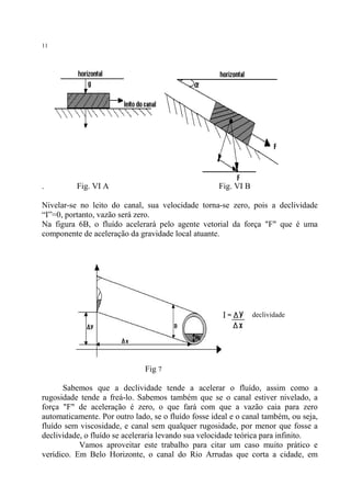 11

.

Fig. VI A

Fig. VI B

Nivelar-se no leito do canal, sua velocidade torna-se zero, pois a declividade
“I”=0, portanto, vazão será zero.
Na figura 6B, o fluído acelerará pelo agente vetorial da força "F" que é uma
componente de aceleração da gravidade local atuante.

declividade

Fig 7
Sabemos que a declividade tende a acelerar o fluído, assim como a
rugosidade tende a freá-lo. Sabemos também que se o canal estiver nivelado, a
força "F" de aceleração é zero, o que fará com que a vazão caia para zero
automaticamente. Por outro lado, se o fluído fosse ideal e o canal também, ou seja,
fluído sem viscosidade, e canal sem qualquer rugosidade, por menor que fosse a
declividade, o fluído se aceleraria levando sua velocidade teórica para infinito.
Vamos aproveitar este trabalho para citar um caso muito prático e
verídico. Em Belo Horizonte, o canal do Rio Arrudas que corta a cidade, em

 