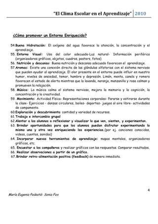 “El Clima Escolar en el Aprendizaje” 2010



   ¿Cómo promover un Entorno Enriquecido?

 54. Buena Hidratación: El oxígeno del agua favorece la atención, la concentración y el
     aprendizaje.
 55. Entorno Visual: Uso del color adecuado-Luz natural- Información periférica
     (organizadores gráficos, objetos, cuadros, posters, fotos)
 56. Nutrición y descanso: Buena nutrición y descanso adecuado favorecen el aprendizaje.
 57. Aromas: Existe una conexión directa de las glándulas olfatorias con el sistema nervioso
     que pueden ayudar al aprendizaje. El olor presente en el entorno puede influir en nuestro
     humor, niveles de ansiedad, temor, hambre y depresión. Limón, menta, canela y romero
     favorecen el estado de alerta mientras que la lavanda, naranja, manzanilla y rosa calman y
     promueven la relajación.
 58. Música: La música calma el sistema nervioso, mejora la memoria y la cognición, la
     concentración y la creatividad.
 59. Movimiento: Actividad Física- Representaciones corporales- Pararse y estirarse durante
     la clase- Ejercicios - danzas circulares, bailes- deportes- juegos al aire libre- actividades
     de campamento.
 60. Exploración y descubrimiento: cantidad y variedad de recursos.
 61. Trabajo e intercambio grupal
 62.Alentar a los alumnos a reflexionar y visualizar lo que ven, sienten, y experimentan.
 63. Brindar oportunidades para que los alumnos puedan disfrutar experimentando lo
     mismo una y otra vez enriqueciendo las experiencias.(por ej. canciones conocidas,
     videos, cuentos, sonidos)
 64. Incorporar nuevas herramientas de aprendizaje: mapas mentales, organizadores
     gráficos, etc.
 65. Encuestar a los compañeros y realizar gráficos con las respuestas. Comparar resultados.
 66. Realizar observaciones a partir de un gráfico.
 67.Brindar retro-alimentación positiva (feedback) de manera inmediata.




                                                                                                4
María Eugenia Podestá- Sonia Fox
 