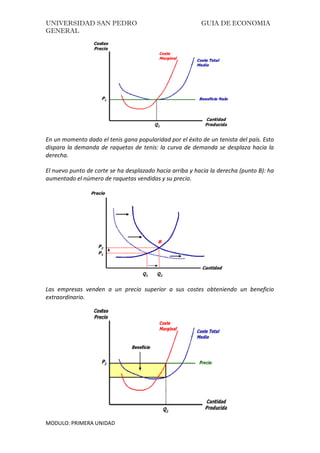 UNIVERSIDAD SAN PEDRO GUIA DE ECONOMIA
GENERAL
MODULO: PRIMERA UNIDAD
En un momento dado el tenis gana popularidad por el éxito de un tenista del país. Esto
dispara la demanda de raquetas de tenis: la curva de demanda se desplaza hacia la
derecha.
El nuevo punto de corte se ha desplazado hacia arriba y hacia la derecha (punto B): ha
aumentado el número de raquetas vendidas y su precio.
Las empresas venden a un precio superior a sus costes obteniendo un beneficio
extraordinario.
 