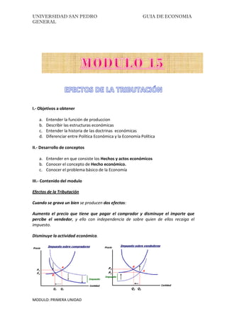 UNIVERSIDAD SAN PEDRO GUIA DE ECONOMIA
GENERAL
MODULO: PRIMERA UNIDAD
I.- Objetivos a obtener
a. Entender la función de produccion
b. Describir las estructuras económicas
c. Entender la historia de las doctrinas económicas
d. Diferenciar entre Política Económica y la Economía Política
II.- Desarrollo de conceptos
a. Entender en que consiste los Hechos y actos económicos
b. Conocer el concepto de Hecho económico.
c. Conocer el problema básico de la Economía
III.- Contenido del modulo
Efectos de la Tributación
Cuando se grava un bien se producen dos efectos:
Aumenta el precio que tiene que pagar el comprador y disminuye el importe que
percibe el vendedor, y ello con independencia de sobre quien de ellos recaiga el
impuesto.
Disminuye la actividad económica.
 