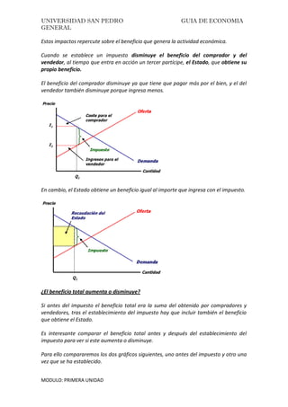 UNIVERSIDAD SAN PEDRO GUIA DE ECONOMIA
GENERAL
MODULO: PRIMERA UNIDAD
Estos impactos repercute sobre el beneficio que genera la actividad económica.
Cuando se establece un impuesto disminuye el beneficio del comprador y del
vendedor, al tiempo que entra en acción un tercer partícipe, el Estado, que obtiene su
propio beneficio.
El beneficio del comprador disminuye ya que tiene que pagar más por el bien, y el del
vendedor también disminuye porque ingresa menos.
En cambio, el Estado obtiene un beneficio igual al importe que ingresa con el impuesto.
¿El beneficio total aumenta o disminuye?
Si antes del impuesto el beneficio total era la suma del obtenido por compradores y
vendedores, tras el establecimiento del impuesto hay que incluir también el beneficio
que obtiene el Estado.
Es interesante comparar el beneficio total antes y después del establecimiento del
impuesto para ver si este aumenta o disminuye.
Para ello compararemos los dos gráficos siguientes, uno antes del impuesto y otro una
vez que se ha establecido.
 