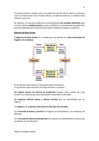 MODULO: PRIMERA UNIDAD
21
El macroeconomista estudia como una subida del tipo de interés afecta al consumo,
como una devaluación de la moneda afecta a la balanza comercial, la relación entre
inflación y paro, etc.
No obstante, se trata del estudio de la economía desde dos enfoques diferentes pero
al mismo tiempo complementario ya que en definitiva el comportamiento global de la
economía depende de las decisiones que toman millones de hogares y empresas.
Diagrama de flujo circular
El diagrama de flujo circular es un modelo que nos permite ver cómo interactúan los
hogares y las empresas.
(*) Las flechas rojas exteriores representan flujos monetarios
(*) Las flechas azules interiores son flujos de bienes y servicios
Los hogares poseen los factores de producción (trabajo, tierra, capital, etc.) que
venden a las empresas para que éstas puedan desarrollar su actividad.
Las empresas fabrican bienes y ofrecen servicios que son demandados por los
hogares.
Los hogares y las empresas interactúan en dos tipos de mercados:
En el mercado de bienes y servicios los hogares son demandantes y las empresas son
oferentes.
En el mercado de factores de producción las empresas son demandantes mientras que
los hogares son los oferentes.
 