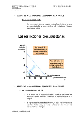 UNIVERSIDAD SAN PEDRO GUIA DE ECONOMIA
GENERAL
MODULO: PRIMERA UNIDAD
• LOS EFECTOS DE LAS VARIACIONES DE LA RENTA Y DE LOS PRECIOS
– Las variaciones de la renta:
• Un aumento de la renta provoca un desplazamiento de la recta
presupuestaria hacia fuera, paralelo a la recta inicial (sin que
varíen los precios).
• LOS EFECTOS DE LAS VARIACIONES DE LA RENTA Y DE LOS PRECIOS
– Las variaciones de los precios:
• Si el precio de un producto aumenta, la recta presupuestaria
rota hacia dentro, en torno a otro bien de las coordenadas en el
origen.
• Si el precio de un producto disminuye, la recta presupuestaria se
desplaza hacia fuera, en torno en torno a otro bien de las
coordenadas en el origen.
47
80 120 16040
20
40
60
80
0
Un aumento de
la renta desplaza la
recta presupuestaria
hacia fuera.
(I = 160$)
L2
(I = 80$)
L1
L3
(I =
40$)
Una reducción de
la renta desplaza la
recta presupuestaria
hacia dentro.
Las restricciones presupuestarias
Vestido
(unidades
semanales)
Alimentos
(unidades semanales)
 