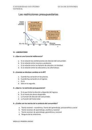 UNIVERSIDAD SAN PEDRO GUIA DE ECONOMIA
GENERAL
MODULO: PRIMERA UNIDAD
IV.- LABORATORIO
1.- ¿Que es una Curva de Indiferencia?
a. Es la relación las combinaciones de elección del consumidor.
b. Es la relación entre insumos y productos
c. Es la relación entre los factores de elección y la Vanidad.
d. Es la relación entre las elecciones y las alternativas.
2.- ¿Cuándo se efectúan cambios en la RP?
a. Cuando hay variación en los precios.
b. Cuando hay variación en el Ingreso
c. A y b
d. Solo en la segunda.
3.- ¿Qué es la restricción presupuestaria?
a. Es la que limita la elección y depende del ingreso.
b. Es el monto de dinero disponible.
c. La Función de elección del consumidor.
d. La Función del Costo total.
4.- ¿Cuáles son las teorías de la conducta del consumidor?
a. Teoría racional – económica, Teoría del aprendizaje, psicoanalítica y social
b. Teoría racional, de aprendizaje, analítica y racional
c. Teoría racional, de aprendizaje, geométrica y racional
d. Ninguna de las anteriores.
50
80 120 16040
40
(PA = 1)
L1
Una subida del
precio de los alimentos
a 2,00 dólares varía la
pendiente de la recta
presupuestaria y
rota hacia dentro.
L3
(PA = 2)
(PA = 1/2)
L2
Una reducción del
precio de los alimentos
a 0,50 dólares varía la
pendiente de la recta
presupuestaria y
rota hacia fuera.
Las restricciones presupuestarias
Vestido
(unidades
semanales)
Alimentos
(unidades semanales)
 