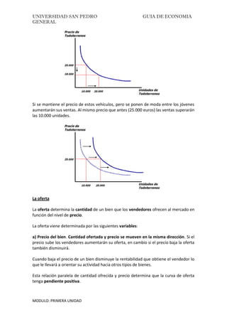 UNIVERSIDAD SAN PEDRO GUIA DE ECONOMIA
GENERAL
MODULO: PRIMERA UNIDAD
Si se mantiene el precio de estos vehículos, pero se ponen de moda entre los jóvenes
aumentarán sus ventas. Al mismo precio que antes (25.000 euros) las ventas superarán
las 10.000 unidades.
La oferta
La oferta determina la cantidad de un bien que los vendedores ofrecen al mercado en
función del nivel de precio.
La oferta viene determinada por las siguientes variables:
a) Precio del bien. Cantidad ofertada y precio se mueven en la misma dirección. Si el
precio sube los vendedores aumentarán su oferta, en cambio si el precio baja la oferta
también disminuirá.
Cuando baja el precio de un bien disminuye la rentabilidad que obtiene el vendedor lo
que le llevará a orientar su actividad hacia otros tipos de bienes.
Esta relación paralela de cantidad ofrecida y precio determina que la curva de oferta
tenga pendiente positiva.
 