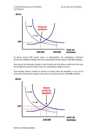 UNIVERSIDAD SAN PEDRO GUIA DE ECONOMIA
GENERAL
MODULO: PRIMERA UNIDAD
Al precio actual (100 euros) surge un desequilibrio: los vendedores continúan
ofreciendo 100.000 unidades pero los compradores desean adquirir 180.000 unidades.
Este exceso de demanda empuja al alza el precio de la bicicleta, subida que hará que
los vendedores quieran vender más y los compradores adquirir menos.
Este proceso finaliza cuando se alcanza el nuevo punto de equilibrio, en el cual el
precio de la bicicleta ha subido a 120 euros y las ventas anuales a 140.000 unidades.
 