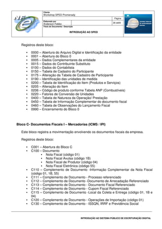 Cliente
Workshop SPED Promenady
Página
Elaborado por
Anderson Febbo
28 de84
Título do Documento / Descrição
INTRODUÇÃO AO SPED
INTRODUÇÃO AO SISTEMA PÚBLICO DE ESCRITURAÇÃO DIGITAL
Registros deste bloco:
• 0000 – Abertura do Arquivo Digital e Identificação da entidade
• 0001 – Abertura do Bloco 0
• 0005 – Dados Complementares da entidade
• 0015 – Dados do Contribuinte Substituto
• 0100 – Dados do Contabilista
• 0150 – Tabela de Cadastro do Participante
• 0175 – Alteração da Tabela de Cadastro de Participante
• 0190 – Identificação das unidades de medida
• 0200 – Tabela de Identificação do Item (Produtos e Serviços)
• 0205 – Alteração do Item
• 0206 – Código de produto conforme Tabela ANP (Combustíveis)
• 0220 – Fatores de Conversão de Unidades
• 0400 – Tabela de Natureza da Operação/ Prestação
• 0450 – Tabela de Informação Complementar do documento fiscal
• 0460 – Tabela de Observações do Lançamento Fiscal
• 0990 – Encerramento do Bloco 0
Bloco C- Documentos Fiscais I – Mercadorias (ICMS / IPI)
Este bloco registra a movimentação envolvendo os documentos fiscais da empresa.
Registros deste bloco:
• C001 – Abertura do Bloco C
• C100 – Documento
• Nota Fiscal (código 01)
• Nota Fiscal Avulsa (código 1B)
• Nota Fiscal de Produtor (código 04)
• Nota Fiscal Eletrônica (código 55)
• C110 – Complemento de Documento -Informação Complementar da Nota Fiscal
(código 01, 1B, 55)
• C111 – Complemento de Documento - Processo referenciado
• C112 – Complemento de Documento -Documento de Arrecadação Referenciado
• C113 – Complemento de Documento - Documento Fiscal Referenciado
• C114 – Complemento de Documento - Cupom Fiscal Referenciado
• C115 – Complemento de Documento -Local da Coleta e Entrega (código 01, 1B e
04)
• C120 – Complemento de Documento - Operações de Importação (código 01)
• C130 – Complemento de Documento - ISSQN, IRRF e Previdência Social
 