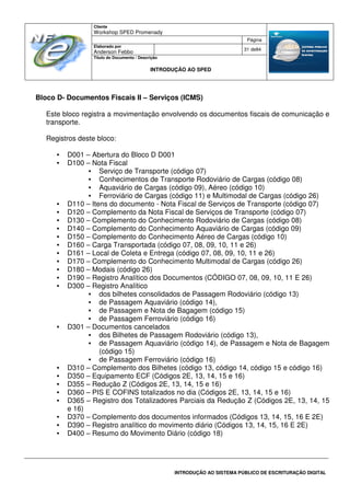 Cliente
Workshop SPED Promenady
Página
Elaborado por
Anderson Febbo
31 de84
Título do Documento / Descrição
INTRODUÇÃO AO SPED
INTRODUÇÃO AO SISTEMA PÚBLICO DE ESCRITURAÇÃO DIGITAL
Bloco D- Documentos Fiscais II – Serviços (ICMS)
Este bloco registra a movimentação envolvendo os documentos fiscais de comunicação e
transporte.
Registros deste bloco:
• D001 – Abertura do Bloco D D001
• D100 – Nota Fiscal
• Serviço de Transporte (código 07)
• Conhecimentos de Transporte Rodoviário de Cargas (código 08)
• Aquaviário de Cargas (código 09), Aéreo (código 10)
• Ferroviário de Cargas (código 11) e Multimodal de Cargas (código 26)
• D110 – Itens do documento - Nota Fiscal de Serviços de Transporte (código 07)
• D120 – Complemento da Nota Fiscal de Serviços de Transporte (código 07)
• D130 – Complemento do Conhecimento Rodoviário de Cargas (código 08)
• D140 – Complemento do Conhecimento Aquaviário de Cargas (código 09)
• D150 – Complemento do Conhecimento Aéreo de Cargas (código 10)
• D160 – Carga Transportada (código 07, 08, 09, 10, 11 e 26)
• D161 – Local de Coleta e Entrega (código 07, 08, 09, 10, 11 e 26)
• D170 – Complemento do Conhecimento Multimodal de Cargas (código 26)
• D180 – Modais (código 26)
• D190 – Registro Analítico dos Documentos (CÓDIGO 07, 08, 09, 10, 11 E 26)
• D300 – Registro Analítico
• dos bilhetes consolidados de Passagem Rodoviário (código 13)
• de Passagem Aquaviário (código 14),
• de Passagem e Nota de Bagagem (código 15)
• de Passagem Ferroviário (código 16)
• D301 – Documentos cancelados
• dos Bilhetes de Passagem Rodoviário (código 13),
• de Passagem Aquaviário (código 14), de Passagem e Nota de Bagagem
(código 15)
• de Passagem Ferroviário (código 16)
• D310 – Complemento dos Bilhetes (código 13, código 14, código 15 e código 16)
• D350 – Equipamento ECF (Códigos 2E, 13, 14, 15 e 16)
• D355 – Redução Z (Códigos 2E, 13, 14, 15 e 16)
• D360 – PIS E COFINS totalizados no dia (Códigos 2E, 13, 14, 15 e 16)
• D365 – Registro dos Totalizadores Parciais da Redução Z (Códigos 2E, 13, 14, 15
e 16)
• D370 – Complemento dos documentos informados (Códigos 13, 14, 15, 16 E 2E)
• D390 – Registro analítico do movimento diário (Códigos 13, 14, 15, 16 E 2E)
• D400 – Resumo do Movimento Diário (código 18)
 