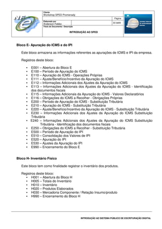 Cliente
Workshop SPED Promenady
Página
Elaborado por
Anderson Febbo
33 de84
Título do Documento / Descrição
INTRODUÇÃO AO SPED
INTRODUÇÃO AO SISTEMA PÚBLICO DE ESCRITURAÇÃO DIGITAL
Bloco E- Apuração do ICMS e do IPI
Este bloco armazena as informações referentes as apurações de ICMS e IPI da empresa.
Registros deste bloco:
• E001 – Abertura do Bloco E
• E100 – Período de Apuração do ICMS
• E110 – Apuração do ICMS - Operações Próprias
• E111 – Ajuste/Benefício/Incentivo da Apuração do ICMS
• E112 – Informações Adicionais dos Ajustes da Apuração do ICMS
• E113 – Informações Adicionais dos Ajustes da Apuração do ICMS - Identificação
dos documentos fiscais
• E115 – Informações Adicionais da Apuração do ICMS - Valores Declaratórios
• E116 – Obrigações do ICMS a Recolher - Obrigações Próprias
• E200 – Período de Apuração do ICMS - Substituição Tributária
• E210 – Apuração do ICMS - Substituição Tributária
• E220 – Ajuste/Benefício/Incentivo da Apuração do ICMS - Substituição Tributária
• E230 – Informações Adicionais dos Ajustes da Apuração do ICMS Substituição
Tributária
• E240 – Informações Adicionais dos Ajustes da Apuração do ICMS Substituição
Tributária - Identificação dos documentos fiscais
• E250 – Obrigações do ICMS a Recolher - Substituição Tributária
• E500 – Período de Apuração do IPI
• E510 – Consolidação dos Valores de IPI
• E520 – Apuração do IPI
• E530 – Ajustes da Apuração do IPI
• E990 – Encerramento do Bloco E
Bloco H- Inventário Físico
Este bloco tem como finalidade registrar o inventário dos produtos.
Registros deste bloco:
• H001 – Abertura do Bloco H
• H005 – Totais do Inventário
• H010 – Inventário
• H020 – Produtos Elaborados
• H030 – Mercadoria Componente / Relação Insumo/produto
• H990 – Encerramento do Bloco H
 