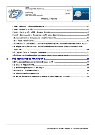Cliente
Workshop SPED Promenady
Página
Elaborado por
Anderson Febbo
4 de84
Título do Documento / Descrição
INTRODUÇÃO AO SPED
INTRODUÇÃO AO SISTEMA PÚBLICO DE ESCRITURAÇÃO DIGITAL
ETAPA 2 – EMISSÃO E TRANSMISSÃO DA NF-E ......................................................................................42
ETAPA 3 – CONSULTA DA NF-E ...........................................................................................................47
ETAPA 4 –ENVIO DA NF-E A RFB E SEFAZ DO DESTINO ..........................................................................49
ETAPA 5 – CONFIRMAÇÃO DE RECEBIMENTO DA NF-E PELO DESTINATÁRIO................................................50
4.3.4 ARQUITETURA DE COMUNUCAÇÃO COM O CONTRIBUINTE...............................................................51
4.3.5 MODELO OPERACIONAL...........................................................................................................53
4.3.6 MANUAL DE CONTINGÊNCIA CONTRIBUINTE (VERSÃO 5.0.1 APROVADA REUNIÃO TÉCNICA DE NATAL –
ENCAT (ENCONTRO NACIONAL DE COORDENADORES E ADMNISTRADORES TRIBUTÁRIO ESTADUAIS EM
19/09/2007 .................................................................................................................................60
4.3.7 CC-E – CARTA DE CORREÇÃO ELETRÔNICA..................................................................................71
4.3.8 RECEPÇÃO NOTA FISCAL ELETRÔNICA POR FORNECEDORES CREDENCIADOS ......................................71
555 PPPRRRÉÉÉ---RRREEEQQQUUUIIISSSIIITTTOOOSSS DDDOOO PPPRRROOOJJJEEETTTOOO NNNFFF---EEE ............................................................................................................................................................................................................................................................ 777777
5.1 PROCESSO DE CREDENCIAMENTO PARA EMISSÃO DE NF-E .................................................................77
5.2 ETAPA 2 - REQUERIMENTO ..........................................................................................................80
5.3 HOMOLOGAÇÃO TÉCNICA DA APLICAÇÃO .......................................................................................80
5.4 PADRÃO DE CERTIFICADO DIGITAL ................................................................................................80
5.5 PADRÃO DE ASSINATURA DIGITAL ................................................................................................82
5.6 VALIDAÇÃO DE ASSINATURA DIGITAL PELA SECRETARIA DE FAZENDA ESTADUAL ..................................84
 