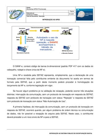 Cliente
Workshop SPED Promenady
Página
Elaborado por
Anderson Febbo
46 de84
Título do Documento / Descrição
INTRODUÇÃO AO SPED
INTRODUÇÃO AO SISTEMA PÚBLICO DE ESCRITURAÇÃO DIGITAL
O DANF-e, conterá código de barras bi-dimensional (padrão PDF 417 com os dados do
cabeçalho, rodapé e chave única da NF-e).
Uma NF-e recebida pela SEFAZ representa, simplesmente, que a declaração de uma
transação comercial feita pelo contribuinte emitente do documento foi aceita em termos de
formato pela SEFAZ, que a partir deste momento poderá proceder à homologação do
lançamento da NF-e, conforme legislação em vigor.
Se houver algum problema já na validação de recepção, poderão ocorrer três situações
distintas: interrupção da comunicação, sem um protocolo de transação em resposta da SEFAZ;
resposta da SEFAZ com protocolo de transação com status “Rejeição” e resposta da SEFAZ
com protocolo de transação com status “Não Autorização de Uso”.
A primeira hipótese, de interrupção da comunicação, sem um protocolo de transação em
resposta da SEFAZ, ocorrerá quando, por algum problema de ordem técnica na comunicação
de dados, não for possível a recepção do arquivo pela SEFAZ. Neste caso, o contribuinte
deverá proceder a um novo envio da NF-e para a SEFAZ.
 