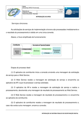 Cliente
Workshop SPED Promenady
Página
Elaborado por
Anderson Febbo
54 de84
Título do Documento / Descrição
INTRODUÇÃO AO SPED
INTRODUÇÃO AO SISTEMA PÚBLICO DE ESCRITURAÇÃO DIGITAL
Serviços síncronos
As solicitações de serviços de implementação síncrona são processadas imediatamente e
o resultado do processamento é obtido em uma única conexão.
Abaixo, o fluxo simplificado de funcionamento:
Etapas do processo ideal:
(1) O aplicativo do contribuinte inicia a conexão enviando uma mensagem de solicitação
de serviço para o Web Service;
(2) O Web Service recebe a mensagem de solicitação de serviço e encaminha ao
aplicativo da NF-e que irá processar o serviço solicitado;
(3) O aplicativo da NF-e recebe a mensagem de solicitação de serviço e realiza o
processamento, devolvendo uma mensagem de resultado do processamento ao Web Service;
(4) O Web Service recebe a mensagem de resultado do processamento e o encaminha
ao aplicativo do contribuinte;
(5) O aplicativo do contribuinte recebe a mensagem de resultado do processamento e,
caso não exista outra mensagem, encerra a conexão.
 