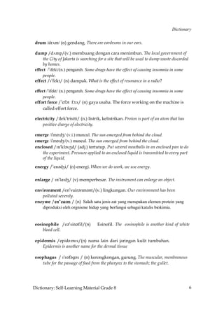 Dictionary


 drum /dr√m/ (n) gendang. There are eardrums in our ears.

 dump /d√mp/(v.) membuang dengan cara menimbun. The local government of
      the City of Jakarta is searching for a site that will be used to dump waste discarded
      by homes.
 effect /»ifekt/(n.) pengaruh. Some drugs have the effect of causing insomnia in some
      people.
 effect /I»fekt/ (n) dampak. What is the effect of resonance in a radio?

 effect /»ifekt/ (n.) pengaruh. Some drugs have the effect of causing insomnia in some
      people.
 effort force /»ef´t fç˘s/ (n) gaya usaha. The force working on the machine is
      called effort force.

 electricity /ilek»trisiti/ (n.) listrik, kelistrikan. Proton is part of an atom that has
     positive charge of electricity.

 emerge /i»m´˘dZ/ (v.i.) muncul. The sun emerged from behind the cloud.
 emerge /i»m´˘dZ/(v.) muncul. The sun emerged from behind the cloud.
 enclosed /In»kl´UZd/ (adj.) tertutup. Put several meatballs in an enclosed pan to do
     the experiment. Pressure applied to an enclosed liquid is transmitted to every part
     of the liquid.
 energy /»en´dZi/ (n) energi. When we do work, we use energy.

 enlarge / In»lA˘dZ/ (v) memperbesar. The instrument can enlarge an object.

 environment /en»vair´nm´nt/(v.) lingkungan. Our environment has been
    polluted severely.
           en'zAIm
 enzyme /en'zAIm / (n) Salah satu jenis zat yang merupakan elemen protein yang
    diproduksi oleh orgnisme hidup yang berfungsi sebagai katalis biokimia.


 eosinophile /d?!rhm?ehk/(n)         Esinofil. The eosinophile is another kind of white
     blood cell.

 epidermis /dohc?:lHr/(n) nama lain dari jaringan kulit tumbuhan.
     Epidermis is another name for the dermal tissue

 esophagus / I»sÅf´g´s / (n) kerongkongan, gurung. The muscular, membranous
    tube for the passage of food from the pharynx to the stomach; the gullet.




Dictionary: Self-Learning Material Grade 8                                                    6
 