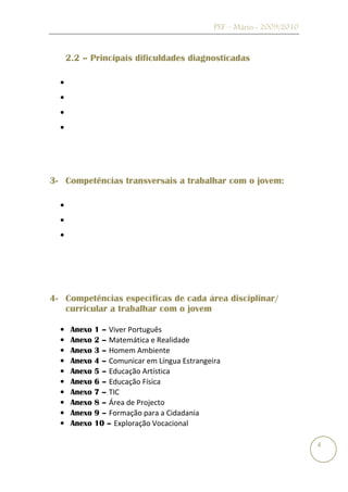 PEF – Mário - 2009/2010


      2.2 – Principais dificuldades diagnosticadas

  •
  •
  •
  •




3- Competências transversais a trabalhar com o jovem:

  •
  •
  •




4- Competências específicas de cada área disciplinar/
   curricular a trabalhar com o jovem

  •    Anexo 1 – Viver Português
  •    Anexo 2 – Matemática e Realidade
  •    Anexo 3 – Homem Ambiente
  •    Anexo 4 – Comunicar em Língua Estrangeira
  •    Anexo 5 – Educação Artística
  •    Anexo 6 – Educação Física
  •    Anexo 7 – TIC
  •    Anexo 8 – Área de Projecto
  •    Anexo 9 – Formação para a Cidadania
  •    Anexo 10 – Exploração Vocacional

                                                                        4
 