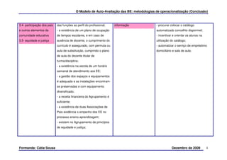 O Modelo de Auto-Avaliação das BE: metodologias de operacionalização (Conclusão)



3.4- participação dos pais   das funções ao perfil do profissional;    informação             - procurar colocar o catálogo
e outros elementos da        - a existência de um plano de ocupação                           automatizado concelhio disponível;
comunidade educativa         de tempos escolares, e em caso de                                - incentivar e orientar os alunos na
3.5- equidade e justiça      ausência de docente, o cumprimento do                            utilização do catálogo;
                             currículo é assegurado, com permuta ou                           - automatizar o serviço de empréstimo
                             aula de substituição, cumprindo o plano                          domiciliário e sala de aula;
                             de aula do docente titular de
                             turma/disciplina;
                             - a existência na escola de um horário
                             semanal de atendimento aos EE;
                             - a gestão dos espaços e equipamentos
                             é adequada e as instalações encontram-
                             se preservadas e com equipamento
                             diversificado;
                             - a receita financeira do Agrupamento é
                             suficiente;
                             - a existência de duas Associações de
                             Pais evidência o empenho dos EE no
                             processo ensino-aprendizagem;
                             - existem no Agrupamento de princípios
                             de equidade e justiça;




Formanda: Cátia Sousa                                                                                     Dezembro de 2009           4
 