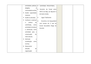 actividades práticas, •        Caminhada - Villa de Pisões ;
    dirigidas              à
                               •   Encontro    de     Futsal   entre
    comunidade escolar;
                                   PIEF’S de Beja, de Aljustrel e
•   Avaliar capacidades
                                   de Castro Verde;
    motoras;
•   Avaliar as atitudes;       •      Jogos Tradicionais

•   Conhecer e valorizar
                               •      Encontros de basquetebol
    a     prática         da
                                   com turmas do 7º ano da
    caminhada,       como
                                   Escola Secundária Diogo de
    actividade recreativa
                                   Gouveia.
    e sobretudo, como
    actividade     para    a
    conservação           do
    meio natural;
•   Estimular              a
    socialização     entre
    turmas;
•   Desenvolver
    atitudes              de
    organização            e
 
