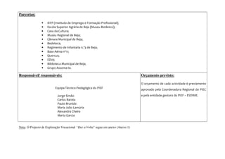 Parcerias:

                •   IEFP (Instituto de Emprego e Formação Profissional);
                •   Escola Superior Agrária de Beja (Museu Botânico);
                •   Casa da Cultura;
                •   Museu Regional de Beja;
                •   Câmara Municipal de Beja;
                •   Bedeteca;
                •   Regimento de Infantaria n.º3 de Beja;
                •   Base Aérea nº11;
                •   Quercus;
                •   EDIA;
                •   Biblioteca Municipal de Beja;
                •   Grupo Assoma-te.

Responsável/ responsáveis:                                                         Orçamento previsto:

                                                                                   O orçamento de cada actividade é previamente
                          Equipa Técnico-Pedagógica do PIEF                        aprovado pela Coordenadora Regional do PIEC
                           Jorge Simão                                             e pela entidade gestora do PIEF – ESDIME.
                           Carlos Barata
                           Paulo Brunido
                           Maria João Lamúria
                           Alexandra Cheira
                           Marta Garcia


Nota: O Projecto de Exploração Vocacional “Dar a Volta” segue em anexo (Anexo 1)
 