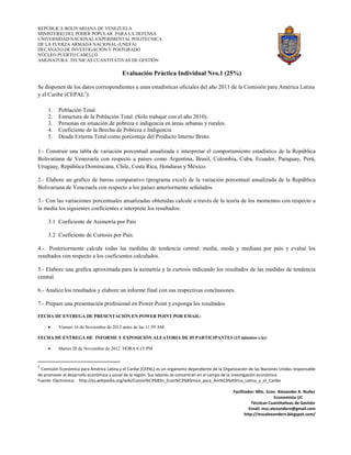 REPÚBLICA BOLIVARIANA DE VENEZUELA
MINISTERIO DEL PODER POPULAR PARA LA DEFENSA
UNIVERSIDAD NACIONAL EXPERIMENTAL POLITÉCNICA
DE LA FUERZA ARMADA NACIONAL (UNEFA)
DECANATO DE INVESTIGACIÓN Y POSTGRADO
NÚCLEO PUERTO CABELLO
ASIGNATURA: TECNICAS CUANTITATIVAS DE GESTIÓN

                                          Evaluación Práctica Individual Nro.1 (25%)

Se disponen de los datos correspondientes a unas estadísticas oficiales del año 2011 de la Comisión para América Latina
y el Caribe (CEPAL1):

     1.   Población Total
     2.   Estructura de la Población Total (Sólo trabajar con el año 2010).
     3.   Personas en situación de pobreza e indigencia en áreas urbanas y rurales.
     4.   Coeficiente de la Brecha de Pobreza e Indigencia
     5.   Deuda Externa Total como porcentaje del Producto Interno Bruto.

1.- Construir una tabla de variación porcentual anualizada e interpretar el comportamiento estadístico de la República
Bolivariana de Venezuela con respecto a países como Argentina, Brasil, Colombia, Cuba, Ecuador, Paraguay, Perú,
Uruguay, República Dominicana, Chile, Costa Rica, Honduras y México.

2.- Elabore un grafico de barras comparativo (programa excel) de la variación porcentual anualizada de la República
Bolivariana de Venezuela con respecto a los países anteriormente señalados.

3.- Con las variaciones porcentuales anualizadas obtenidas calcule a través de la teoría de los momentos con respecto a
la media los siguientes coeficientes e interprete los resultados:

     3.1 Coeficiente de Asimetría por País

     3.2 Coeficiente de Curtosis por País.

4.- Posteriormente calcule todas las medidas de tendencia central: media, moda y mediana por país y evalué los
resultados con respecto a los coeficientes calculados.

5.- Elabore una grafica aproximada para la asimetría y la curtosis indicando los resultados de las medidas de tendencia
central.

6.- Analice los resultados y elabore un informe final con sus respectivas conclusiones.

7.- Prepare una presentación profesional en Power Point y exponga los resultados

FECHA DE ENTREGA DE PRESENTACIÒN EN POWER POINT POR EMAIL:

     •    Viernes 16 de Noviembre de 2012 antes de las 11:59 AM

FECHA DE ENTREGA DE INFORME Y EXPOSICIÓN ALEATORIA DE 05 PARTICIPANTES (15 minutos c/u):

     •    Martes 20 de Noviembre de 2012 HORA 6:15 PM


1
 Comisión Económica para América Latina y el Caribe (CEPAL) es un organismo dependiente de la Organización de las Naciones Unidas responsable
de promover el desarrollo económico y social de la región. Sus labores se concentran en el campo de la investigación económica.
Fuente Electrónica: http://es.wikipedia.org/wiki/Comisi%C3%B3n_Econ%C3%B3mica_para_Am%C3%A9rica_Latina_y_el_Caribe

                                                                                                   Facilitador: MSc. Econ. Alexander A. Nuñez
                                                                                                                         Economista UC
                                                                                                              Técnicas Cuantitativas de Gestión
                                                                                                            Email: msc.alexandern@gmail.com
                                                                                                          http://mscalexandern.blogspot.com/
 