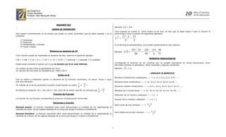 ″
ɿ             MATEMATICA
              Primer Semestre
              Profesor: Aldo Manquilef Veloso



                                                                                                                              _
                                                RESUMEN PSU
                                                                                                                  Ejemplo: 0,4 = 4/9
.
                                        ORDEN DE OPERACIÓN
                                                                                                                  Caso especial es cuando la parte entera no es cero, en ese caso se debe restar a todo el número la
Para operar correctamente no te olvides que existe un orden (prioridad) que se debe respetar y es el              parte entera como lo indican los siguientes ejemplos:
siguiente:                                                                                                                   27 − 2        25
                                                                                                                  2, 7   =             =
                                                                                                                               9           9
     1º   Paréntesis
     2º   Potencias
     3º   Multiplicación y División                                                                               Si el decimal es semiperiódico, se procede similarmente al caso anterior.
     4º   Suma y Resta
                                                                                                                                       253 − 25       228 114 38
                                      Números en potencia de 10                                                               2,53 =
                                                                                                                  Ejemplo:                        =      =   =
                                                                                                                                         90           90   4 15
Todo número puede ser expresado en potencia de diez. Veamos el siguiente ejemplo:
                                                                                                                                                        NÚMEROS IRRACIONALES
739 = 7 100 + 3 10 + 9 1 = 7 102 + 3 101 + 9 100 = 7 centenas + 3 decenas + 9 unidades.
                                                                                                                  Corresponde al conjunto de los números que no pueden expresarse en forma fraccionaria, como
Debes tener presente al operar con 0 que la división por 0 no está definida.                                      decimales infinitos no periódicos, raíces inexactas y algunas constantes.
                                                                                                                               3 , π, e
                                                                                                                  Ejemplo:
Un número de dos cifras se representa por 10+y.                                                        诲诲柁柁 眙 眙




Un número de tres cifras se representa por 100x+10y+z
                                                                                                                                                          LENGUAJE ALGEBRAICO
                                                 Orden en Q
                                                                                                                  Números consecutivos cualesquiera -----> x, x+1, x+2, x+3, x+4, .....
Esto se refiere a establecer cuándo un elemento de Q (números racionales), es mayor, menor o igual
que otro elemento                                                                                                 Números pares consecutivos -----> 2x, 2x+2, 2x+4, 2x+6, 2x+8 .....
                                                                  7    11
Un método es el de los productos cruzados ¿Cuál fracción es menor   o´    ?
                                                                                                                  Números impares consecutivos -----> 2x+1, 2x+3, 2x+5, 2x+7, 2x+9 .....
                                                                  9    7
                                                                                      7   11
Se efectúa el producto 7•7 = 49 y 9•11 = 99, como 49 es menor que 99, se concluye que   <                         Múltiplos de 5 consecutivos -----> 5x, 5x+5, 5x+10, 5x+15, 5x+20, ......
                                                                                      9   7
                                        Fracción de Fracción                                                      Antecesor de un número cualquiera -----> x - 1
La fracción de una fracción corresponde al producto (multiplicación) entre ellas.                                 Sucesor de un número cualquiera -----> x + 1
                                          Decimales a fracción
                                                                                                                                                       x+y
                                                                                                                  Semi-suma de dos números ----->
                                                                                                                                                        2
Decimal exacto: La fracción resultante tiene como denominador un múltiplo de 10; dependiendo la
cantidad de ceros, de los lugares después de la coma que tenga el número a transformar.
                                                                                                                                                          x−y
                                                                                                                  Semi-diferencia de dos números ----->
Decimal Periódico: La fracción resultante tiene como denominador un múltiplo de 9; dependiendo la                                                          2
cantidad de nueves, de los lugares después de la coma que tenga el número a transformar.




                                                                                                       1
 