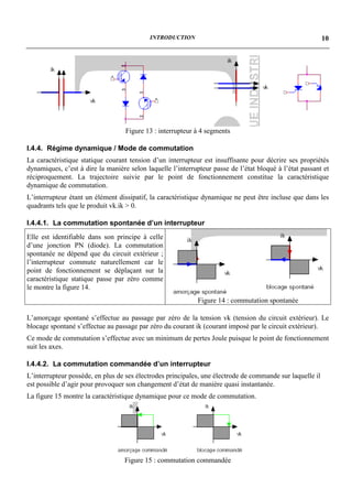 INTRODUCTION                                                    10




                                   Figure 13 : interrupteur à 4 segments

I.4.4. Régime dynamique / Mode de commutation
La caractéristique statique courant tension d’un interrupteur est insuffisante pour décrire ses propriétés
dynamiques, c’est à dire la manière selon laquelle l’interrupteur passe de l’état bloqué à l’état passant et
réciproquement. La trajectoire suivie par le point de fonctionnement constitue la caractéristique
dynamique de commutation.
L’interrupteur étant un élément dissipatif, la caractéristique dynamique ne peut être incluse que dans les
quadrants tels que le produit vk.ik > 0.

I.4.4.1. La commutation spontanée d’un interrupteur
Elle est identifiable dans son principe à celle
d’une jonction PN (diode). La commutation
spontanée ne dépend que du circuit extérieur ;
l’interrupteur commute naturellement car le
point de fonctionnement se déplaçant sur la
caractéristique statique passe par zéro comme
le montre la figure 14.
                                                             Figure 14 : commutation spontanée

L’amorçage spontané s’effectue au passage par zéro de la tension vk (tension du circuit extérieur). Le
blocage spontané s’effectue au passage par zéro du courant ik (courant imposé par le circuit extérieur).
Ce mode de commutation s’effectue avec un minimum de pertes Joule puisque le point de fonctionnement
suit les axes.

I.4.4.2. La commutation commandée d’un interrupteur
L’interrupteur possède, en plus de ses électrodes principales, une électrode de commande sur laquelle il
est possible d’agir pour provoquer son changement d’état de manière quasi instantanée.
La figure 15 montre la caractéristique dynamique pour ce mode de commutation.




                                  Figure 15 : commutation commandée
 