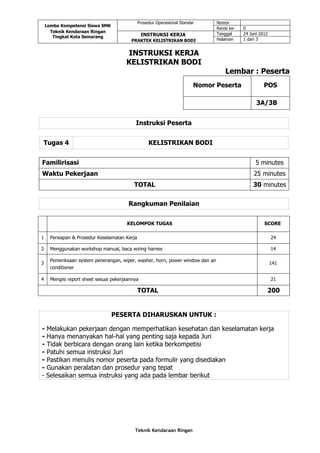 KELOMPOK TUGAS SCORE
1 Persiapan & Prosedur Keselamatan Kerja 24
2 Menggunakan workshop manual, baca wiring harnes 14
3
Pemeriksaan system penerangan, wiper, washer, horn, power window dan air
conditioner
141
4 Mengisi report sheet sesuai pekerjaannya 21
TOTAL 200
Familirisasi 5 minutes
Waktu Pekerjaan 25 minutes
TOTAL 30 minutes
Lomba Kompetensi Siswa SMK
Teknik Kendaraan Ringan
Tingkat Kota Semarang
Prosedur Operasional Standar Nomor
Revisi ke- 0
INSTRUKSI KERJA
PRAKTEK KELISTRIKAN BODI
Tanggal 24 Juni 2012
Halaman 1 dari 3
Nomor Peserta POS
3A/3B
INSTRUKSI KERJA
KELISTRIKAN BODI
Instruksi Peserta
Lembar : Peserta
Tugas 4 KELISTRIKAN BODI
Rangkuman Penilaian
PESERTA DIHARUSKAN UNTUK :
- Melakukan pekerjaan dengan memperhatikan kesehatan dan keselamatan kerja
- Hanya menanyakan hal-hal yang penting saja kepada Juri
- Tidak berbicara dengan orang lain ketika berkompetisi
- Patuhi semua instruksi Juri
- Pastikan menulis nomor peserta pada formulir yang disediakan
- Gunakan peralatan dan prosedur yang tepat
- Selesaikan semua instruksi yang ada pada lembar berikut
Teknik Kendaraan Ringan
 