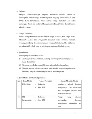 3. Tujuan :
   Dengan     dilaksanakannya   program   sosialisasi    melalui   media       ini
   diharapkan semua warga mentaati perda ini yang telah disahkan oleh
   DPRD Kota Banjarmasin. Kalau semua warga mematuhi dan tidak
   melanggar Perda ini maka kekhusyukan ibadah di Bulan Ramadhan ini
   akan terwujud.


4 . Target Khalayak :
   Semua warga Kota Banjarmasin adalah target khalayak, tapi target utama
   khalayak adalah para pengusaha makanan yaitu pemilik restoran,
   warung, rombong dan sejenisnya dan pengusaha hiburan. Hal ini karena
   mereka adalah pihak yang terkait langsung dengan Perda tersebut.


5. Jenis Pesan :
   Pesan yang disampaikan adalah :
   (1) Dilarang membuka restoran, warung, rombong dan sejenisnya pada
       bulan Ramadhan
   (2) DiLarang membuka tempat hiburan selama bulan Ramadhan;
   (3) Dilarang makan minum dan/atau merokok di tempat-tempat umum
       dari masa imsyak sampai dengan waktu berbuka puasa.


6. Jenis Media dan Format penyajian :
 No.    Jenis Media          Format Penyajian              Alasan Memilih Media
  1    TVRI Kalsel      -   Talkshow                    Audience     seluruh     lapisan
                        -   Spot ILM                    masyarakat, dan siarannya
                                                        bisa ditangkap seluruh area
                                                        kota Banjarmasin
  2    RRI              -   Talkshow                    Target       yang        disasar
       Banjarmasin      -   Spot ILM                    merupakan                lapisan
                                                        masyarakat    menengah       ke
                                                        atas.


                                                                                3
 
