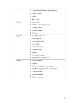 3. Volume (jumlah eksemplar) penerbitan

          4. Coulor /warna

          5. Desain
          6. Biaya cetak
Brosur    1. Jenis Kertas
          2. Cetak warna/ hitam putih
          3. Ukuran kertas
          4. Jumlah cetakan
          5. Desainer
Spanduk   1. Jumlah pembuatan
          2. Panjang kain
          3. Jenis bahan / kain
          4. Jenis sablon
          5. Ijin pemasangan
          6. Jumlah warna
          7. Desain
          8. Biaya pemasangan
          9. Sarana lain ( tali dan kayu )
Baliho    1. Biaya produksi
          2. Desain
          3. Biaya sewa tempat pemasangan
          4. Upah tukang dan waktu pemasangan
          5. Jumlah cetakan
          6. Bahan kontruksi
          7. Ijin pemasangan




                                                    8
 