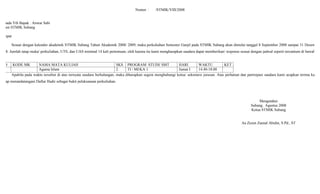 Nomor : /STMIK/VIII/2008
Kepada Yth Bapak : Anwar Sabi
sen STMIK Subang
Tempat
Sesuai dengan kalender akademik STMIK Subang Tahun Akademik 2008/ 2009, maka perkuliahan Semester Ganjil pada STMIK Subang akan dimulai tanggal 8 September 2008 sampai 31 Desember
2008. Jumlah tatap muka/ perkuliahan, UTS, dan UAS minimal 14 kali pertemuan, oleh karena itu kami mengharapkan saudara dapat memberikan/ response sesuai dengan jadwal seperti tercantum di bawah ini
NO KODE MK NAMA MATA KULIAH SKS PROGRAM STUDI/ SMT HARI WAKTU KET
Agama Islam 2 TI / MI/KA 1 Jumat I 14.40-18.00
Apabila pada waktu tersebut di atas ternyata saudara berhalangan, maka diharapkan segera menghubungi ketua/ sekretaris jurusan. Atas perhatian dan partisipasi saudara kami ucapkan terima kasih.
Harap menandatangani Daftar Hadir sebagai bukti pelaksanaan perkuliahan.
Mengetahui
Subang, Agustus 2008
Ketua STMIK Subang
Aa Zezen Zaenal Abidin, S.Pd., ST
 
