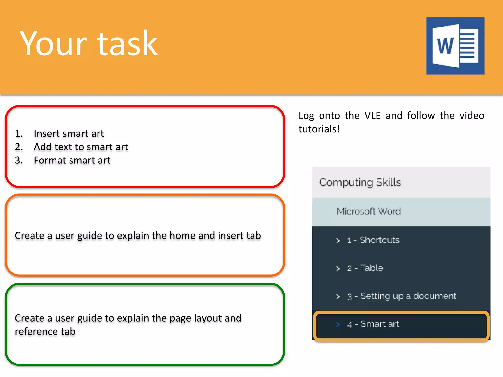 Your task
1. Insert smart art
2. Add text to smart art
3. Format smart art
Create a user guide to explain the home and insert tab
Create a user guide to explain the page layout and
reference tab
Log onto the VLE and follow the video
tutorials!
 