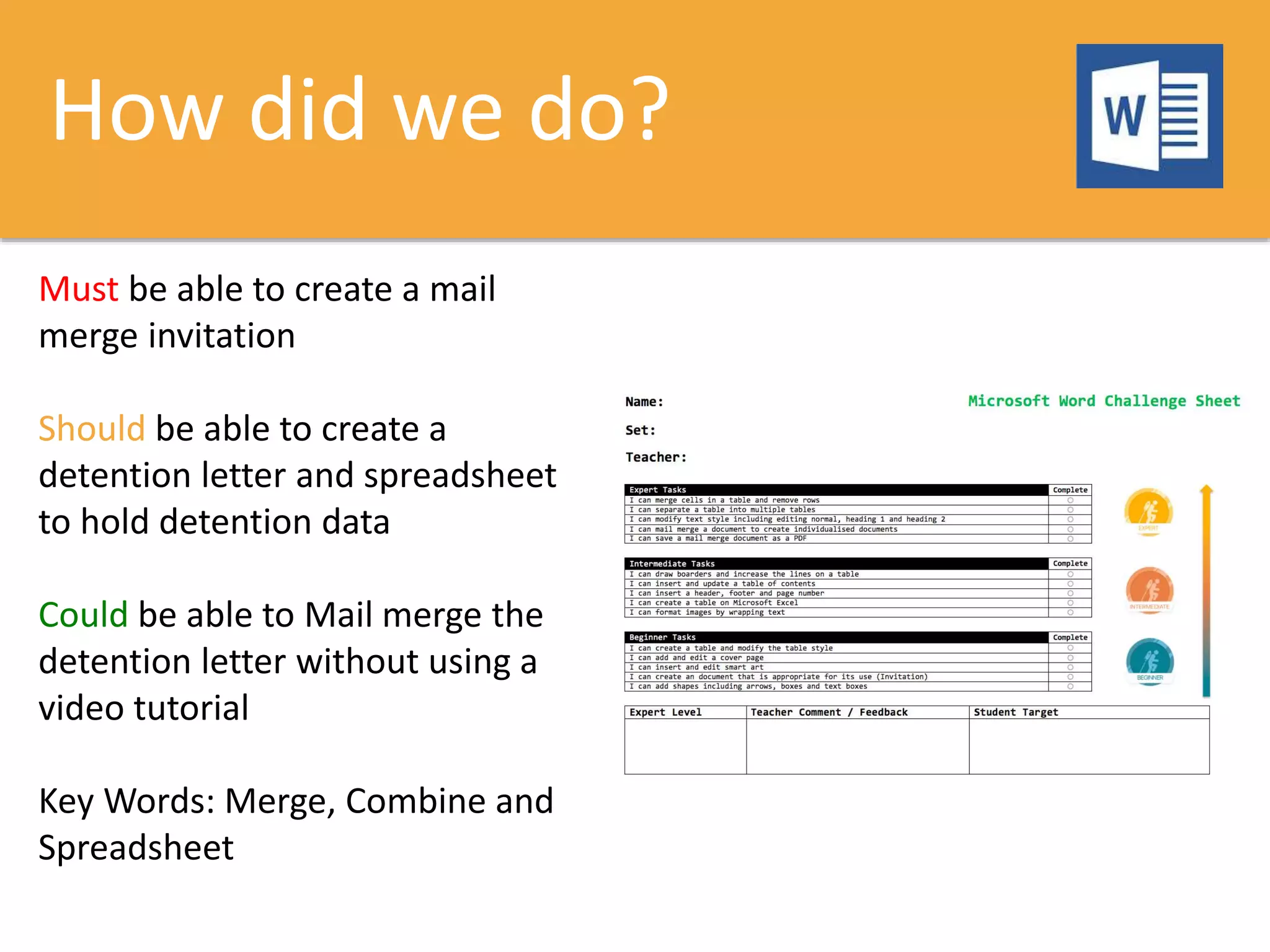 How did we do?
Must be able to create a mail
merge invitation
Should be able to create a
detention letter and spreadsheet
to hold detention data
Could be able to Mail merge the
detention letter without using a
video tutorial
Key Words: Merge, Combine and
Spreadsheet
 