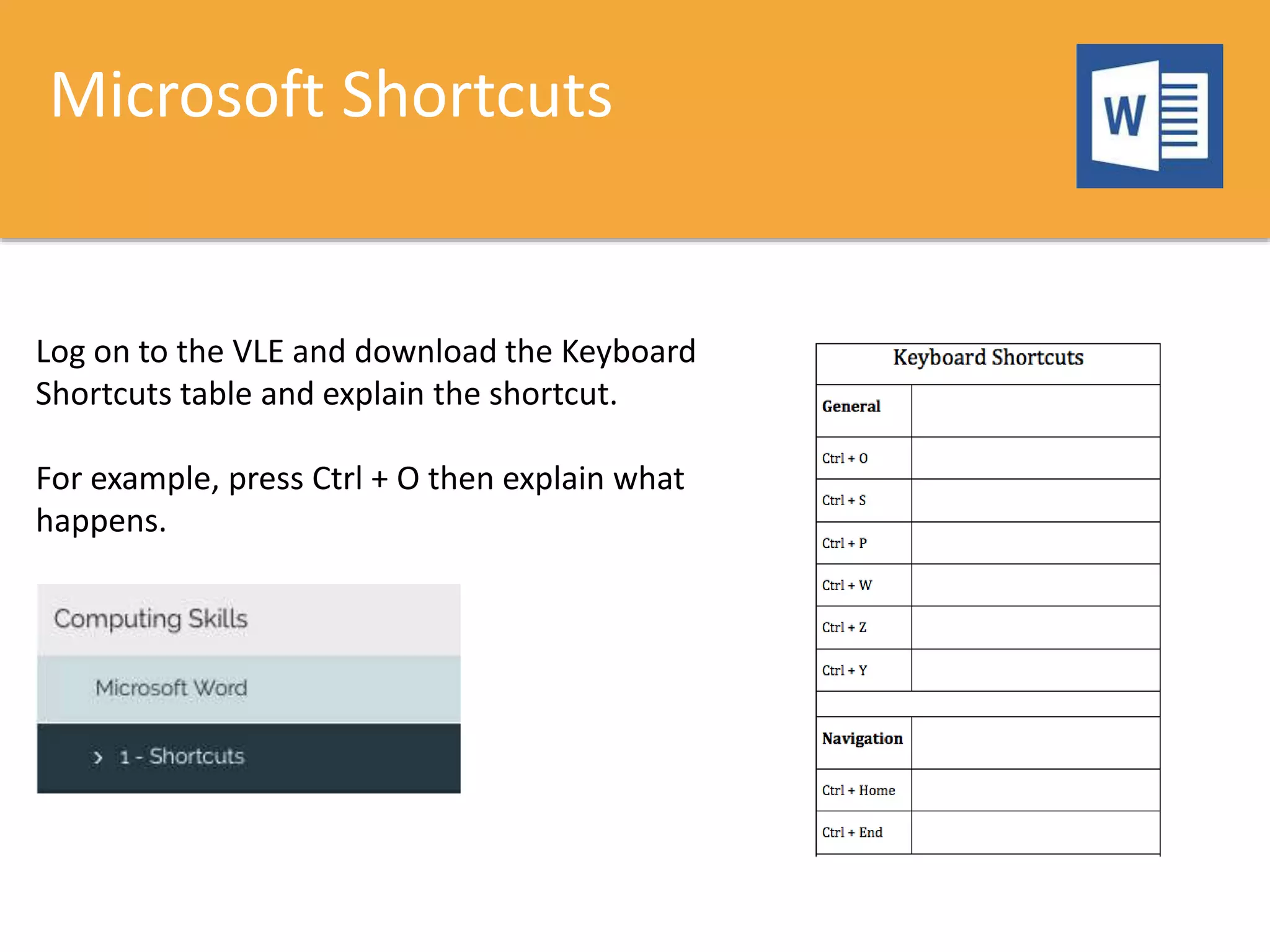 Microsoft Shortcuts
Log on to the VLE and download the Keyboard
Shortcuts table and explain the shortcut.
For example, press Ctrl + O then explain what
happens.
 
