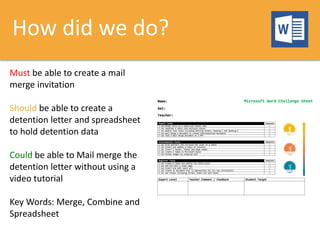 How did we do?
Must be able to create a mail
merge invitation
Should be able to create a
detention letter and spreadsheet
to hold detention data
Could be able to Mail merge the
detention letter without using a
video tutorial
Key Words: Merge, Combine and
Spreadsheet
 
