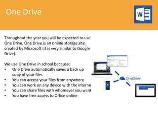 One Drive
Throughout the year you will be expected to use
One Drive. One Drive is an online storage site
created by Microsoft (it is very similar to Google
Drive).
We use One Drive in school because:
• One Drive automatically saves a back up
copy of your files
• You can access your files from anywhere
• You can work on any device with the internet
• You can share files with whomever you want
• You have free access to Office online
 