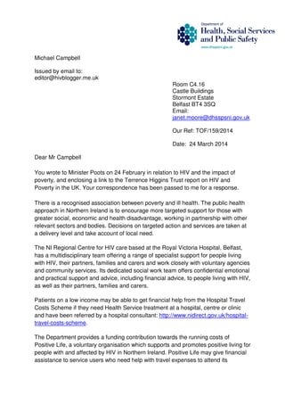 Response from NI Department of Health to my letter re HIV and Poverty ...