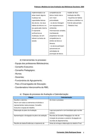Práticas e Modelos de Auto-Avaliação das Bibliotecas Escolares- 2009



                          implementadas e se        competências de            modelo de Auto-
                          estas trazem alguma       leitura, lendo mais e      Avaliação das BEs;
                          mudança nas               com maior                  - Inquéritos de hábitos
                          capacidades leitoras      profundidade;              de leitura a distribuir no
                          dos alunos, nos seus      - os alunos interagem      final de cada período;
                          hábitos de leitura e no   com equipamentos e         - Relatório final;
                          seu gosto pela mesma.     ambientes
                          É importante              informacionais variados,
                          verificarmos as           manifestando
                          mudanças, tal com         progressos nas suas
                          referem os textos da      competências no
                          sessão.                   âmbito da leitura e
                                                    literacia;
                                                    - os alunos participam
                                                    activamente em
                                                    actividades de
                                                    promoção de leitura;



        d) Intervenientes no processo:
- Equipa dos professores Bibliotecários;
- Conselho Executivo;
- Conselho Pedagógico;
- Alunos;
- Docentes;
- Funcionários do Agrupamento;
- Pais e Encarregados de Educação;
- Coordenadora Interconcelhia da RBE;


        e) Etapas do processo de Avaliação e Calendarização:
                      Etapas                                          Calendarização
Escolher o domínio;                                 Ao iniciar o processo;
Reunir com todos os elementos envolvidos e
representantes neste processo: Conselho
Executivo e equipa de trabalho;
Elaboração do plano de Avaliação                    Logo que possível e com brevidade após reunião
                                                    anterior;
Apresentação e divulgação do plano de avaliação     Reunião de Conselho Pedagógico do mês de
                                                    iniciação do processo e posterior divulgação em
                                                    reuniões de departamentos;
Recolha de dados/Evidências e tratamento de         Antes da entrega e elaboração do relatório Final;




                                                                 Formanda: Cátia Rodrigues Sousa            4
 