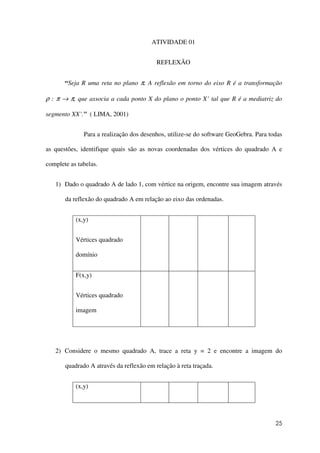 25
ATIVIDADE 01
REFLEXÃO
“Seja R uma reta no plano π. A reflexão em torno do eixo R é a transformação
ρ : π → π, que associa a cada ponto X do plano o ponto X’ tal que R é a mediatriz do
segmento XX’.” ( LIMA, 2001)
Para a realização dos desenhos, utilize-se do software GeoGebra. Para todas
as questões, identifique quais são as novas coordenadas dos vértices do quadrado A e
complete as tabelas.
1) Dado o quadrado A de lado 1, com vértice na origem, encontre sua imagem através
da reflexão do quadrado A em relação ao eixo das ordenadas.
(x,y)
Vértices quadrado
domínio
F(x,y)
Vértices quadrado
imagem
2) Considere o mesmo quadrado A, trace a reta y = 2 e encontre a imagem do
quadrado A através da reflexão em relação à reta traçada.
(x,y)
 