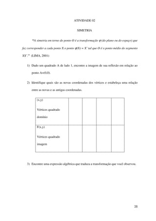 28
ATIVIDADE 02
SIMETRIA
“A simetria em torno do ponto O é a transformação ϕ (do plano ou do espaço) que
faz corresponder a cada ponto X o ponto ϕ(X) = X’ tal que O é o ponto médio do segmento
XX’.” (LIMA, 2001)
1) Dado um quadrado A de lado 1, encontre a imagem de sua reflexão em relação ao
ponto A=(0,0).
2) Identifique quais são as novas coordenadas dos vértices e estabeleça uma relação
entre as novas e as antigas coordenadas.
(x,y)
Vértices quadrado
domínio
F(x,y)
Vértices quadrado
imagem
3) Encontre uma expressão algébrica que traduza a transformação que você observou.
 
