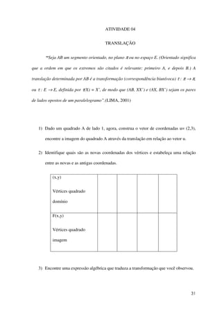 31
ATIVIDADE 04
TRANSLAÇÃO
“Seja AB um segmento orientado, no plano π ou no espaço E. (Orientado significa
que a ordem em que os extremos são citados é relevante: primeiro A, e depois B.) A
translação determinada por AB é a transformação (correspondência biunívoca) τ : π → π,
ou τ : E → E, definida por τ(X) = X’, de modo que (AB, XX’) e (AX, BX’) sejam os pares
de lados opostos de um paralelogramo”.(LIMA, 2001)
1) Dado um quadrado A de lado 1, agora, construa o vetor de coordenadas u= (2,3),
encontre a imagem do quadrado A através da translação em relação ao vetor u.
2) Identifique quais são as novas coordenadas dos vértices e estabeleça uma relação
entre as novas e as antigas coordenadas.
(x,y)
Vértices quadrado
domínio
F(x,y)
Vértices quadrado
imagem
3) Encontre uma expressão algébrica que traduza a transformação que você observou.
 