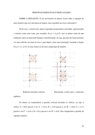 55
PRINCIPAIS PERGUNTAS E DIFICULDADES
SOBRE A REFLEXÃO: É um movimento no plano? Como obter a equação de
uma simetria cujo eixo não passa na origem, mas é paralelo aos eixos cartesianos?
Neste caso, a maioria dos alunos respondeu prontamente à atividade, representando
a simetria como uma soma, por exemplo, f(x,y) = (x,y+3), sem se darem conta do que
realmente estava acontecendo durante a transformação, ou seja, que eles deveriam primeiro
ver uma reflexão em torno do eixo x para depois, fazer uma translação, tornando a função
f(x.y) = (x, -y+4), ou seja, tratava-se de uma composição de funções.
Reflexão feita pelo software Pensamento correto para a expressão
algébrica
Os alunos, ao responderem a questão, estavam trocando os vértices, ou seja, o
vértice A = (0,0) passou a ser A’ = (0,3); B = (1,0) passou a ser B’ = (4,0); C = (1,1)
passou a ser C’ = (4,4) e D = (0,1) passou a ser D’ = (0,4). Eles imaginaram a questão da
seguinte maneira:
 
