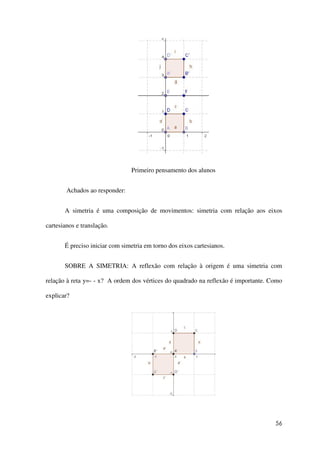 56
Primeiro pensamento dos alunos
Achados ao responder:
A simetria é uma composição de movimentos: simetria com relação aos eixos
cartesianos e translação.
É preciso iniciar com simetria em torno dos eixos cartesianos.
SOBRE A SIMETRIA: A reflexão com relação à origem é uma simetria com
relação à reta y=- - x? A ordem dos vértices do quadrado na reflexão é importante. Como
explicar?
 